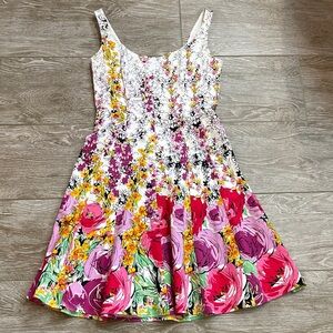 Nine West White Floral Midi Dress with Pink, Red & Yellow Accents